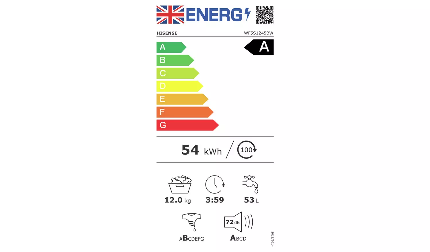 Hisense WF5S1245BW 12KG 1400 Spin Washing Machine - White