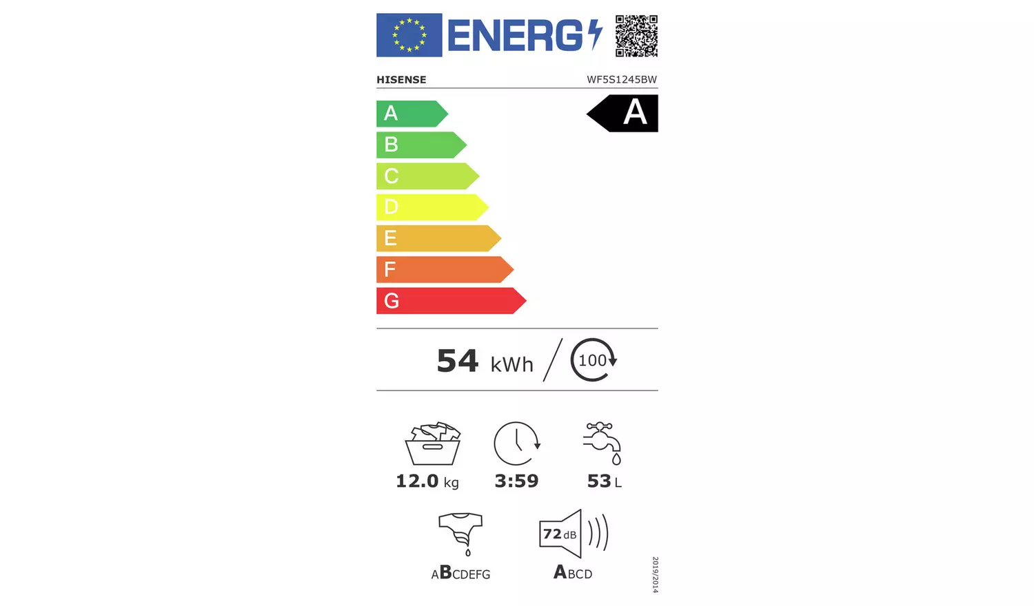 Hisense WF5S1245BW 12KG 1400 Spin Washing Machine - White