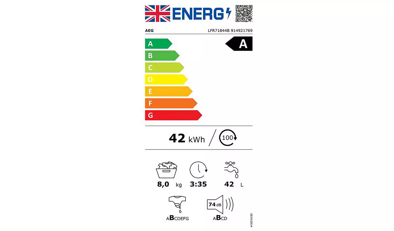 AEG LFR71844B 8KG 1400 Washing Machine - White