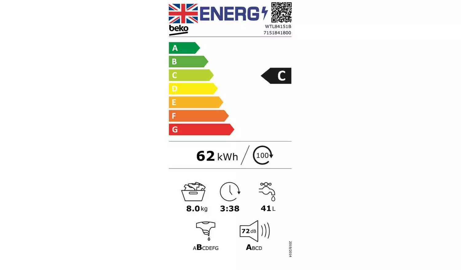 Beko WTL84151B 8KG 1400 Spin Washing Machine - Black