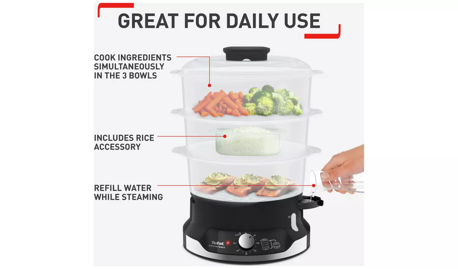 Tefal VC204865 Ultracompact 3 Bowl Steamer - Black
