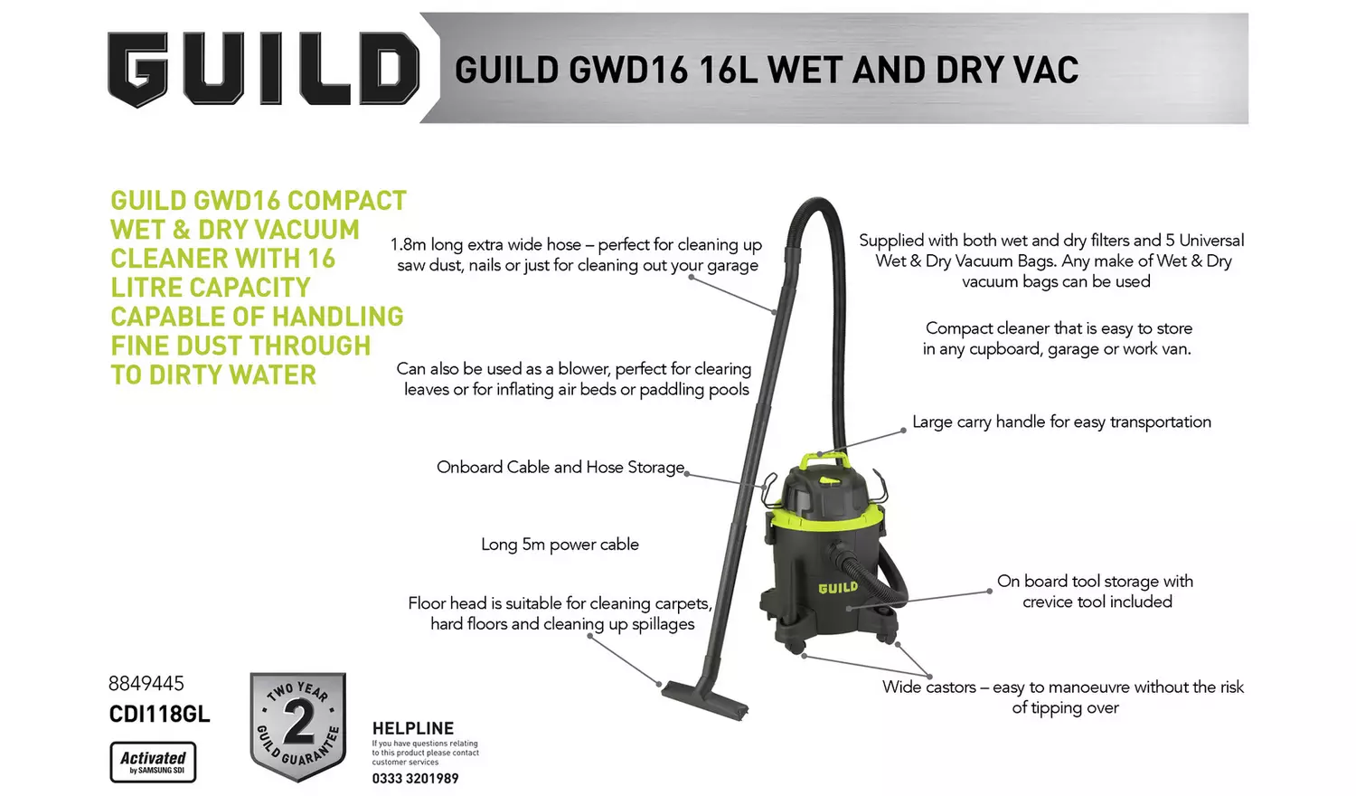 Guild 16 Litre Wet and Dry Vacuum Cleaner - 1300W