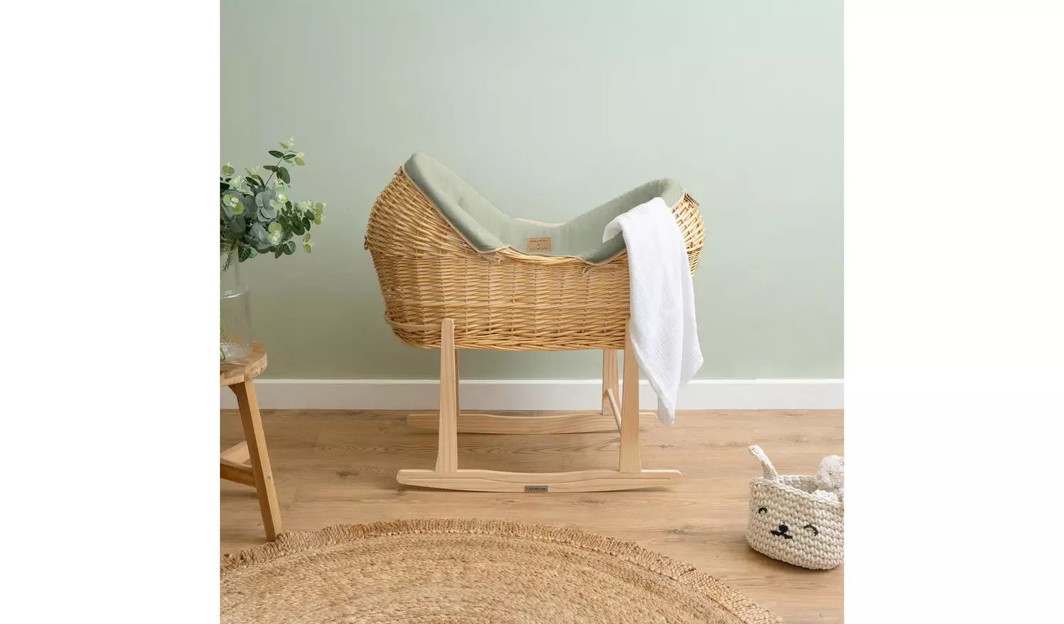 Clair de Lune Organic Noah Pod Moses Basket With Stand -Sage