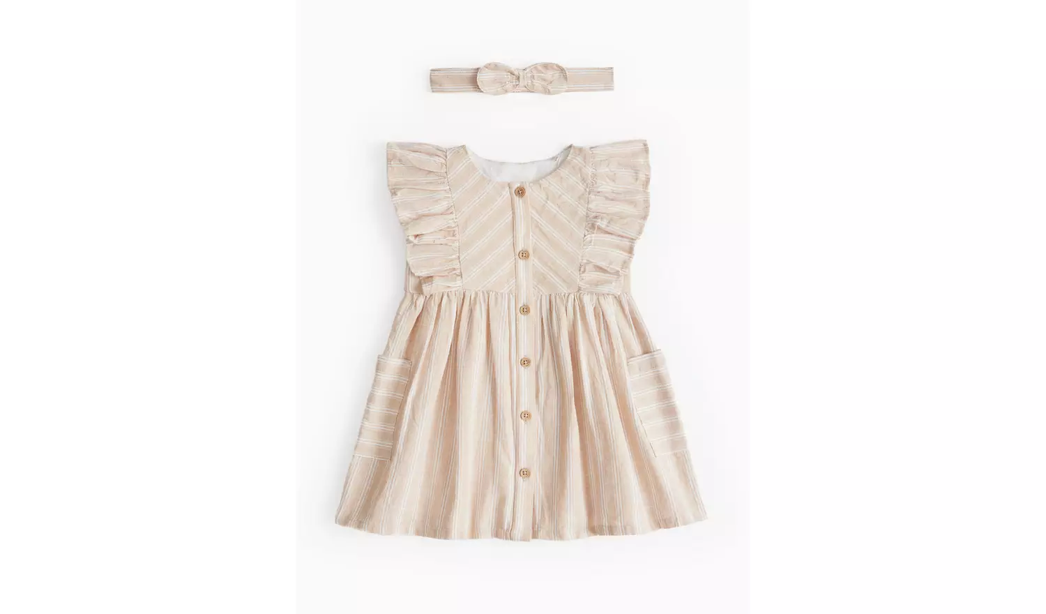 Beige Stripe Frill Dress & Bow Headband Set Up to 3 mths