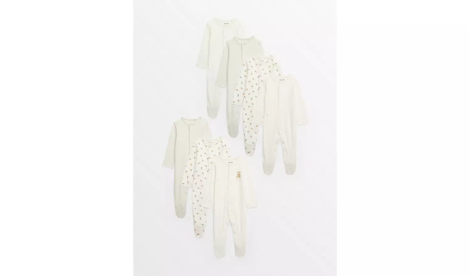 Cream Bear Print Long Sleeve Sleepsuits 7 Pack 12-18 months