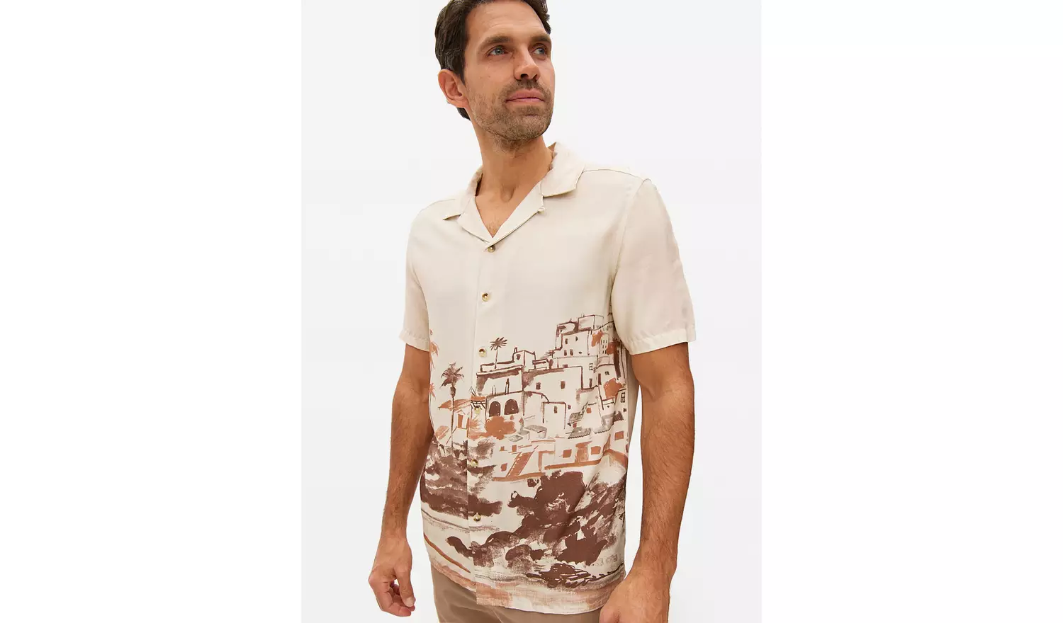 Cream Scenic Print Viscose Shirt XXL