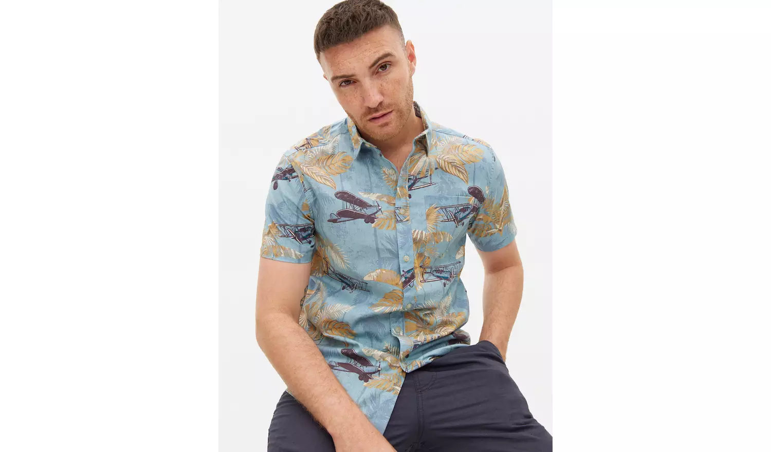 Blue Aeroplane Palm Printed Slub Shirt XXXL