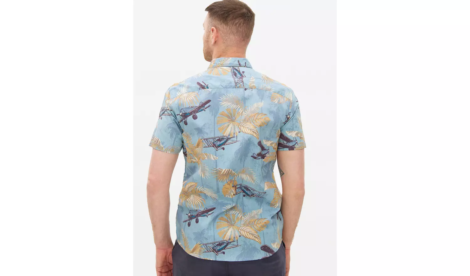 Blue Aeroplane Palm Printed Slub Shirt L