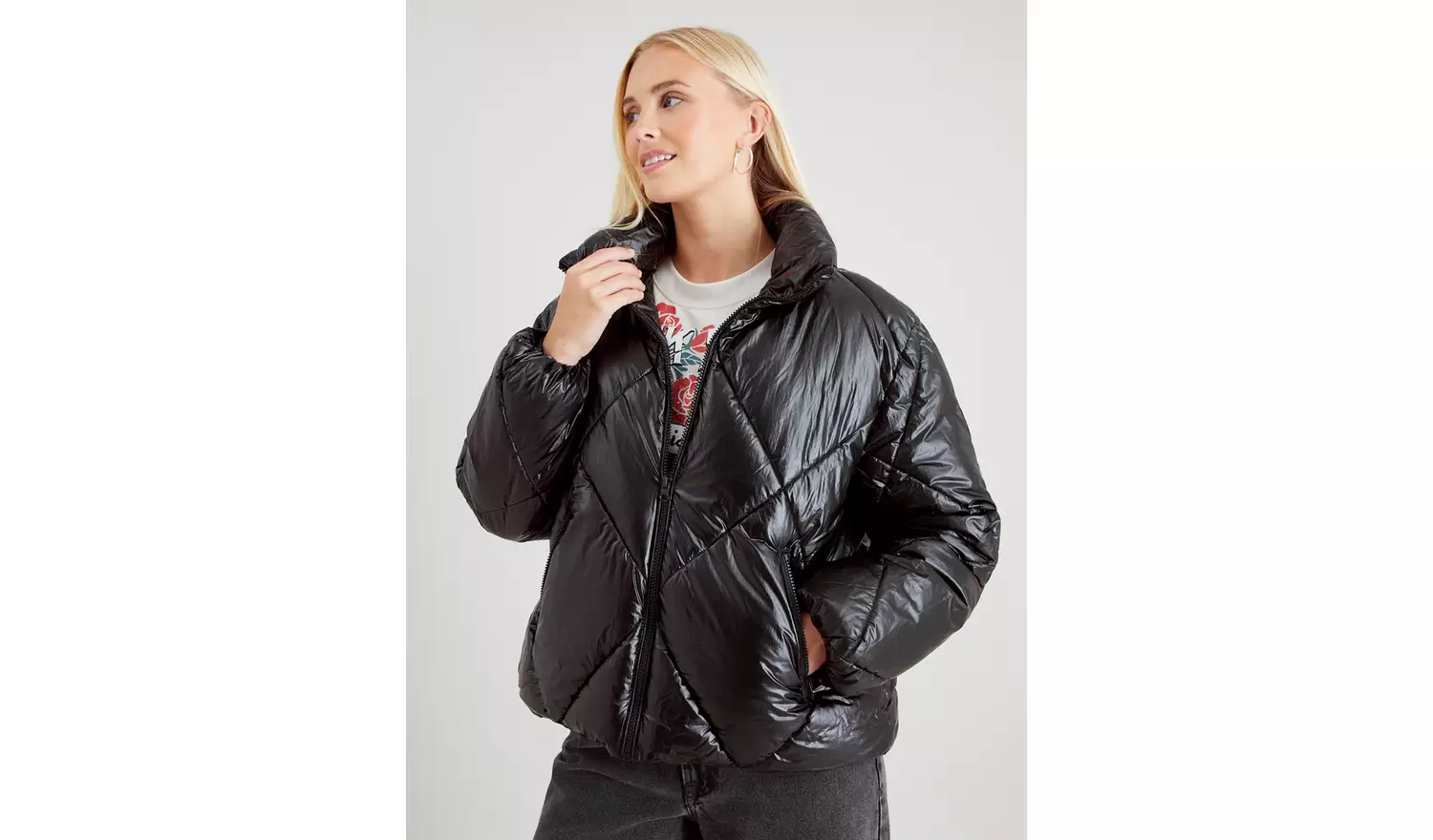 Black Metallic Padded Bomber Jacket 18