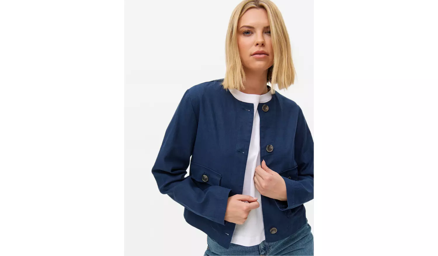 Navy Linen Blend Button Boxy Jacket 12