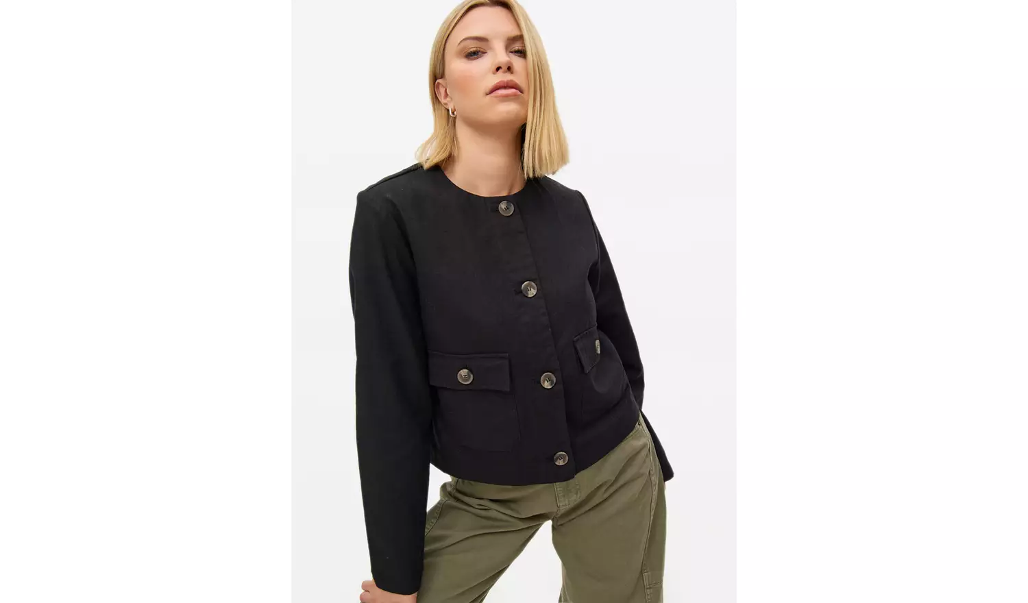 Black Linen Blend Button Boxy Jacket 22