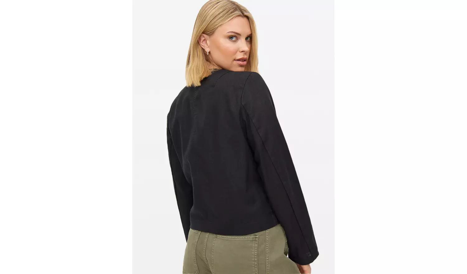 Black Linen Blend Button Boxy Jacket 20