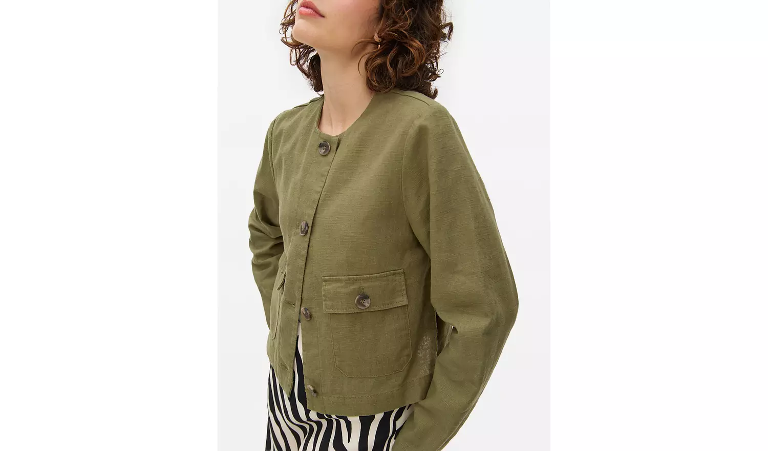 Khaki Linen Blend Button Boxy Jacket 6
