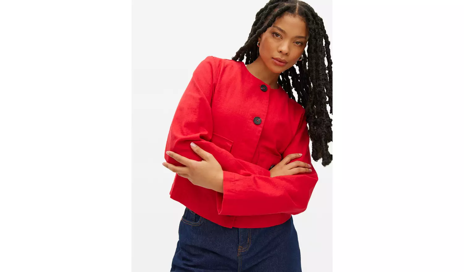 Red Linen Blend Button Boxy Jacket 10