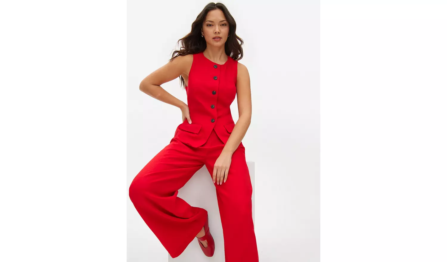Red Tailored Linen Blend Co-ord Waistcoat 8