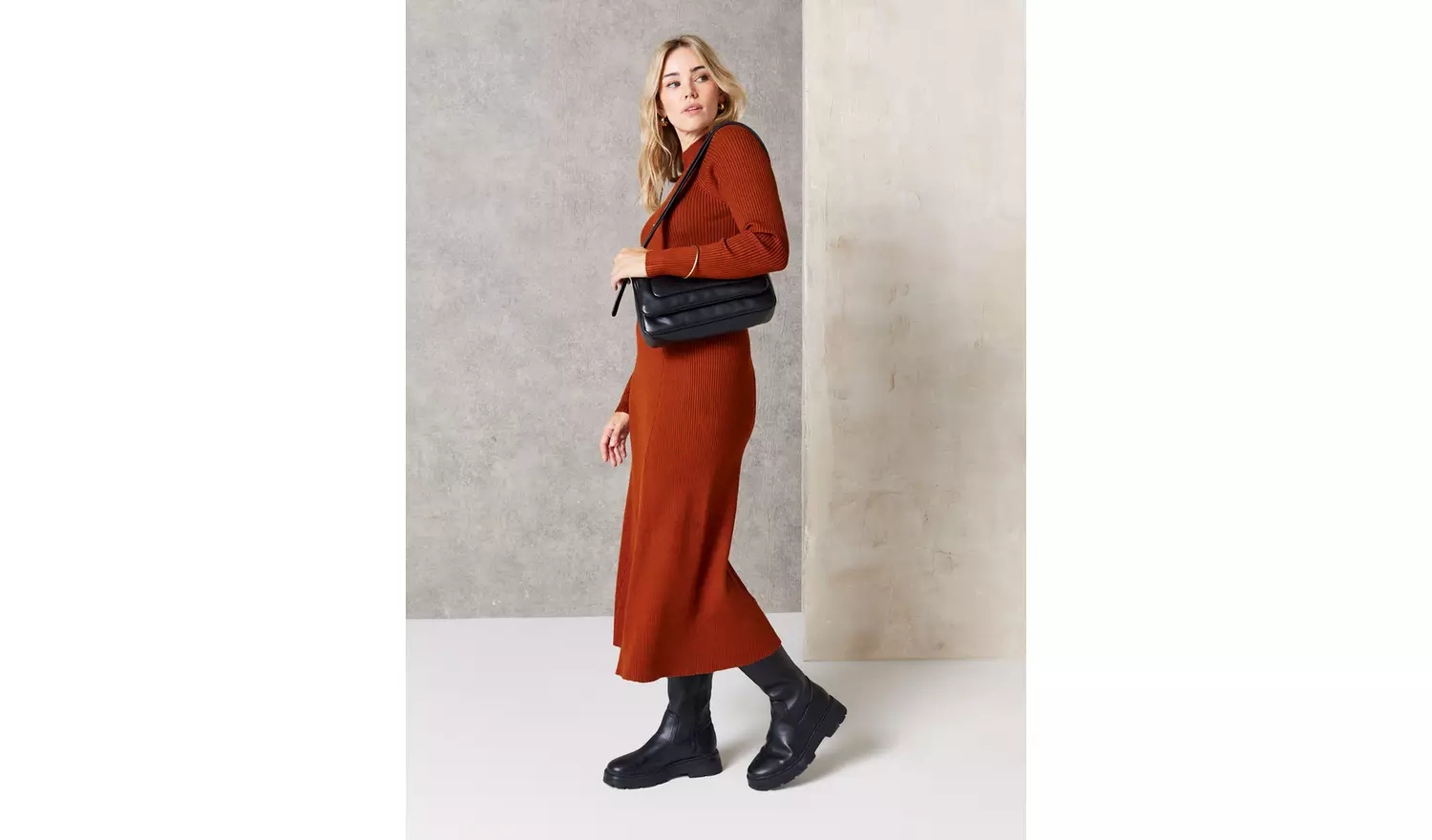 EVERBELLE Rust High Neck Ribbed Knit Midi Dress 8