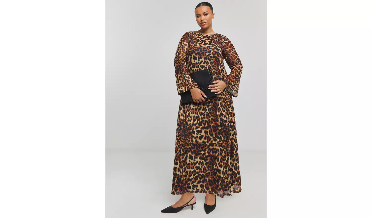 SIMPLY BE Dry Handle Mesh Long Sleeve Leopard Maxi Dress 22
