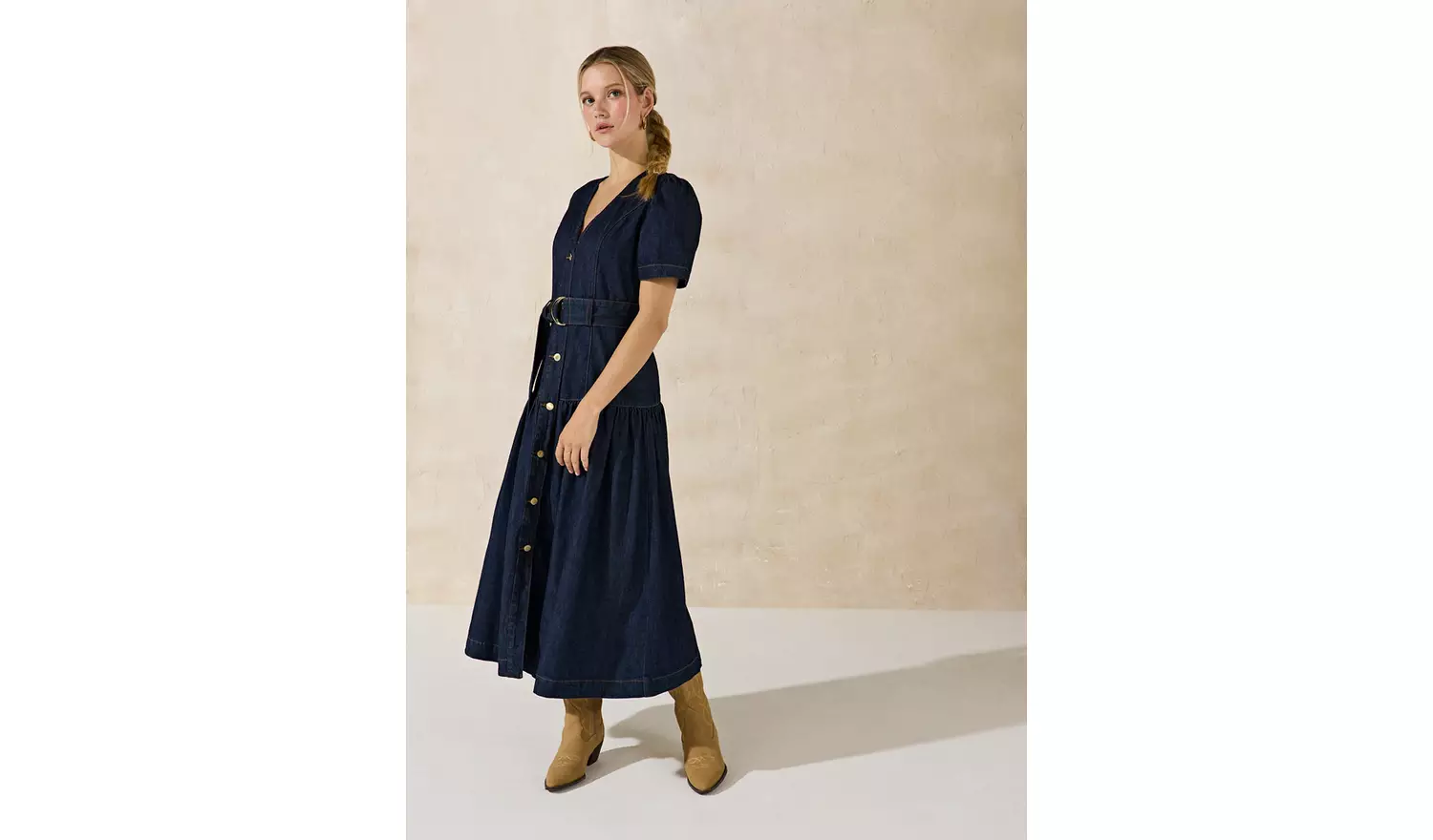 EVERBELLE Dark Denim Belted Midi Dress 8
