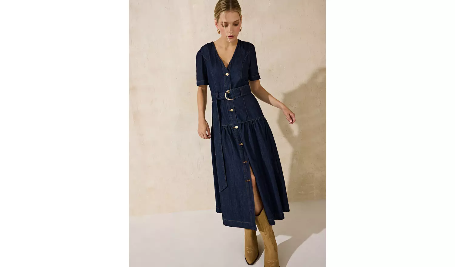 EVERBELLE Dark Denim Belted Midi Dress 8