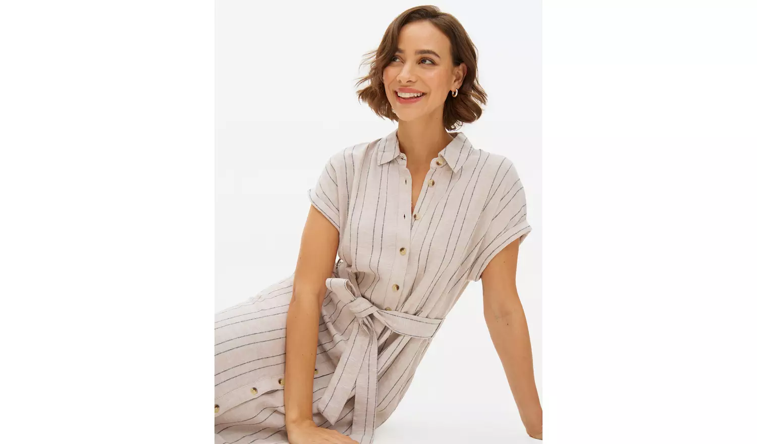 Neutral Stripe Linen Blend Shirt Dress 16