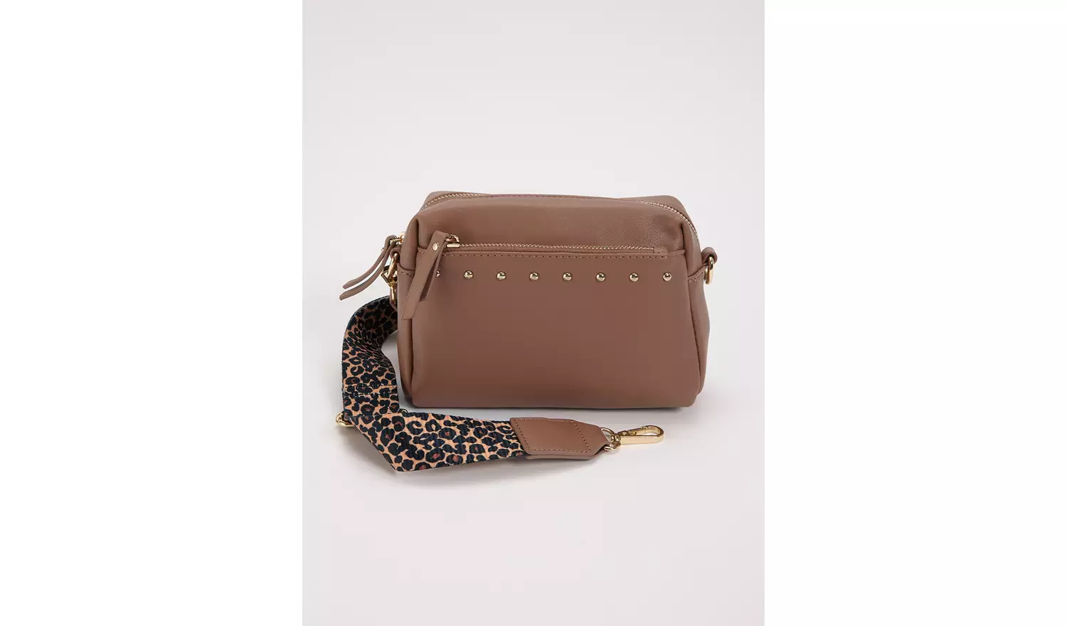 Tan Faux Leather & Animal Print Studded Bag - One Size