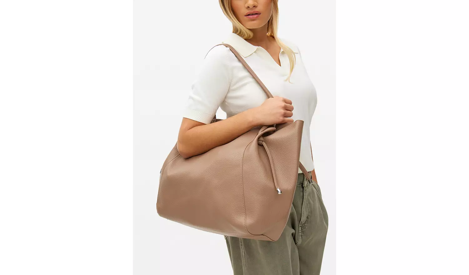 Dark Beige Faux Leather Pleat Shopper Bag One Size