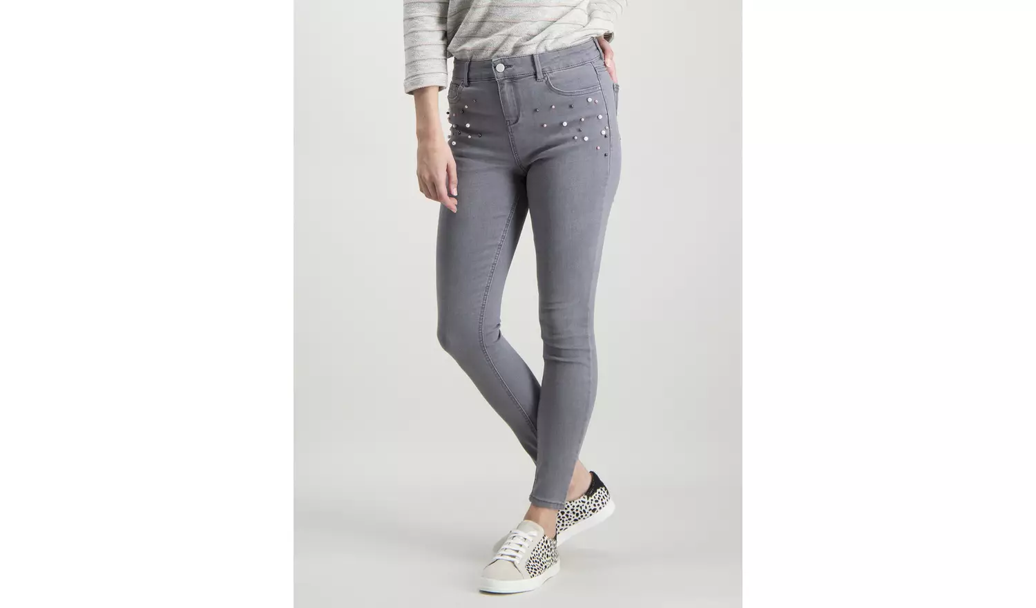 Grey Fashion Pearl Skinny Jeans - 10L
