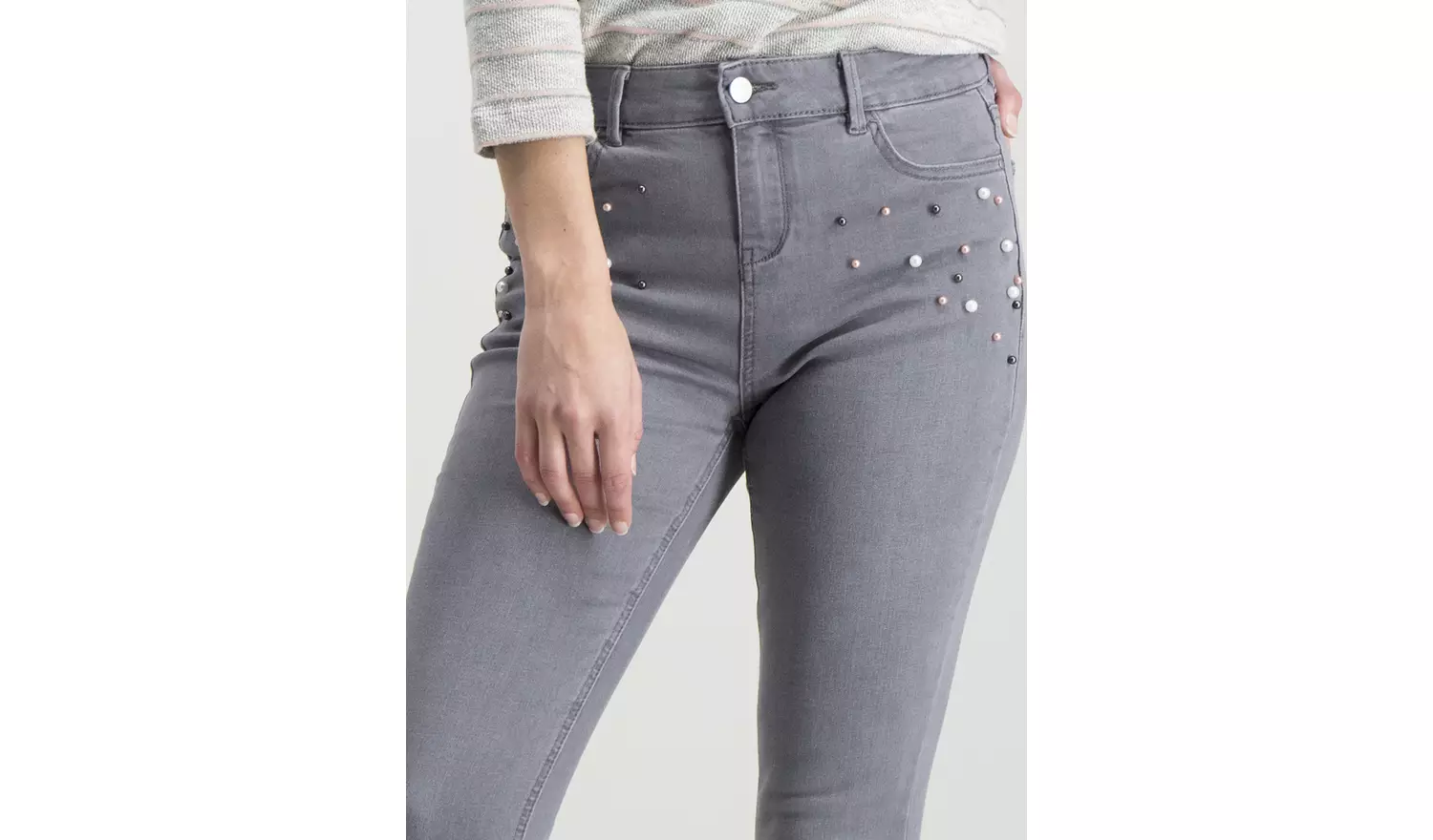 Grey Fashion Pearl Skinny Jeans - 8S