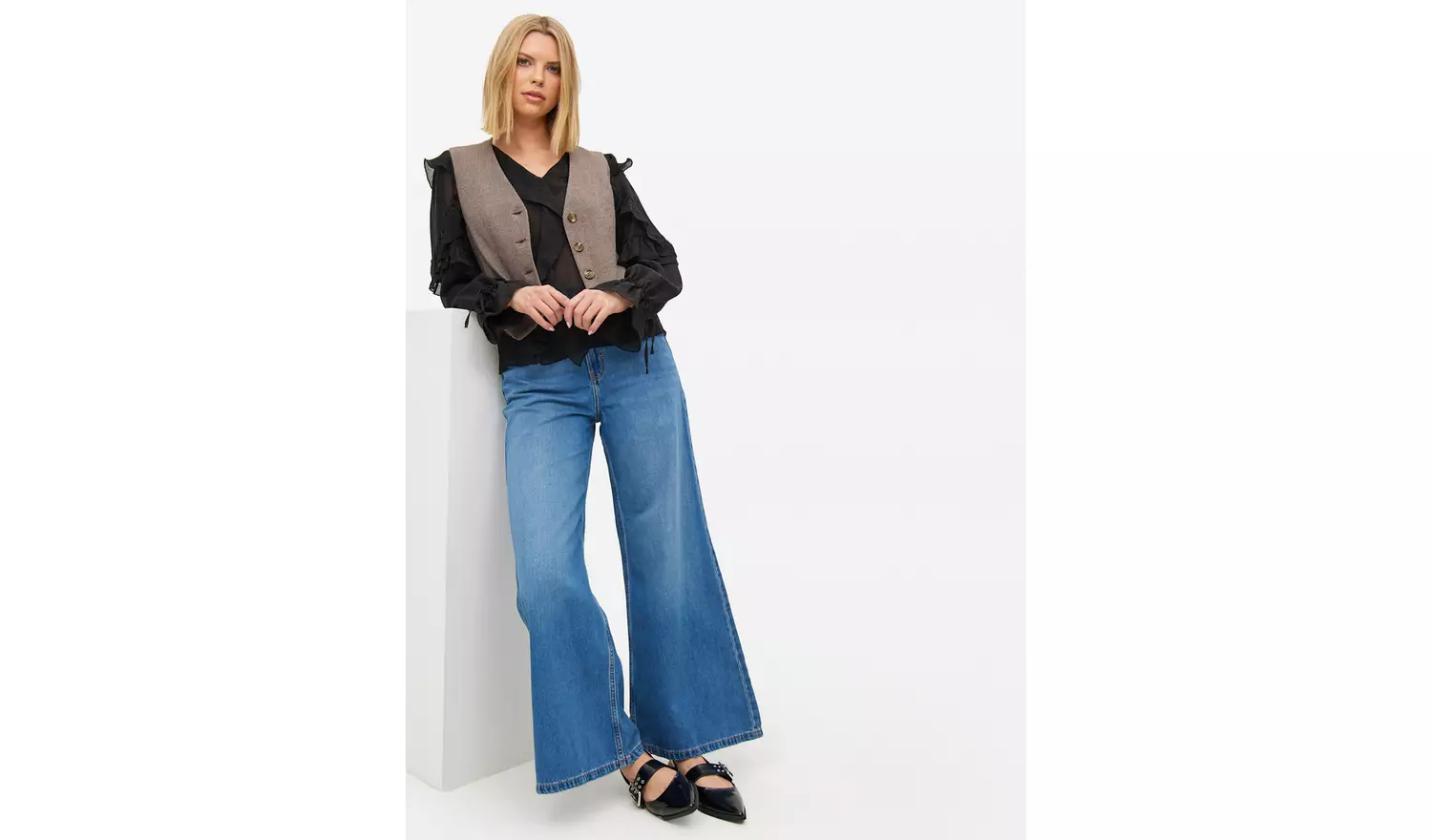 Mid Rinse Flared Palazzo Denim Jeans 10R