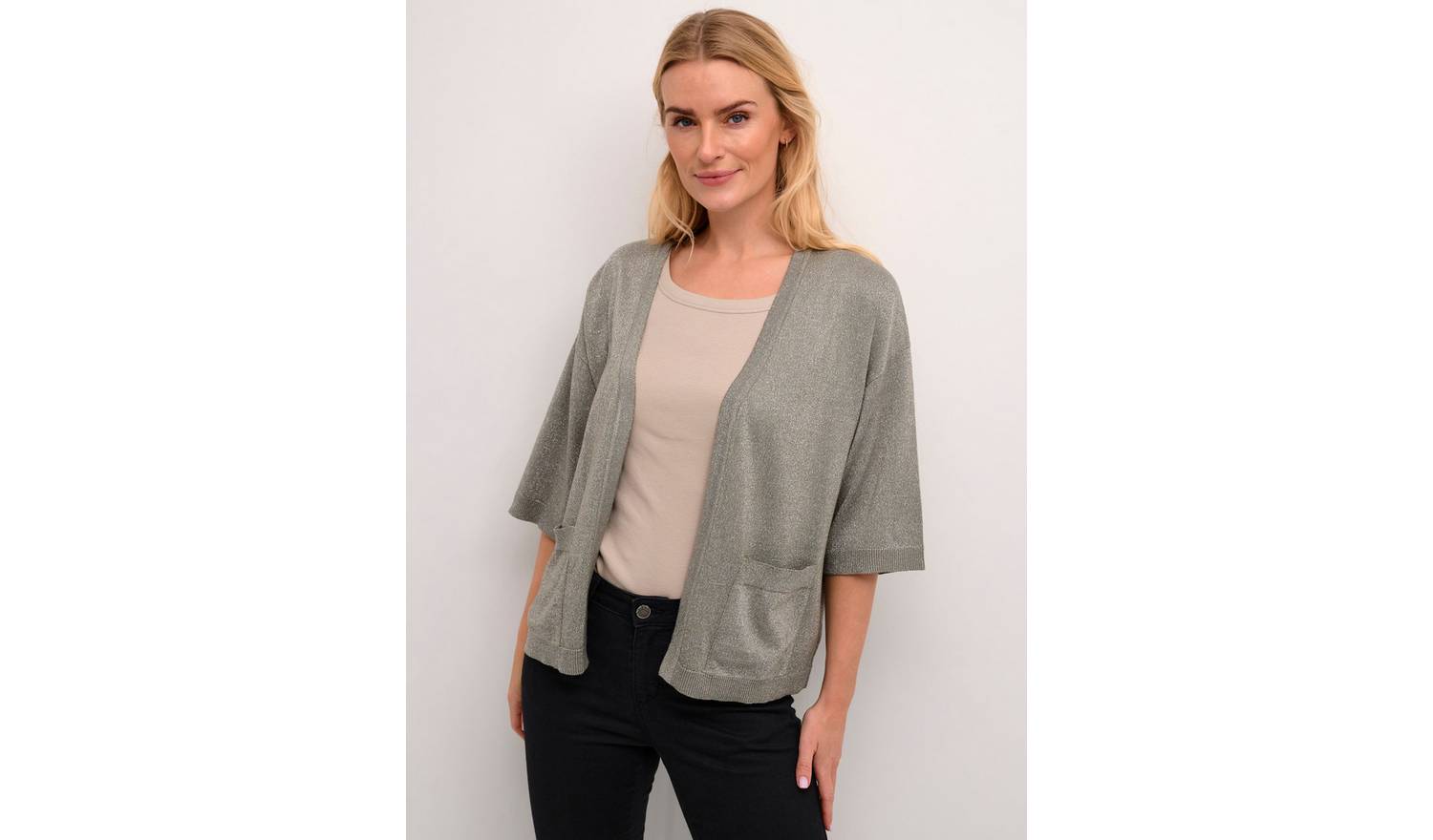 KAFFE Regina Half Sleeve Open Front Cardigan Green XS