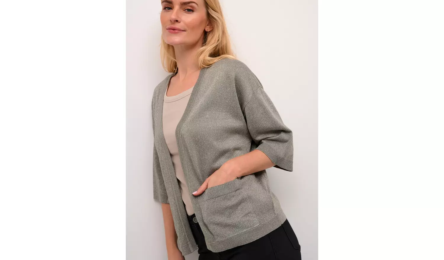 KAFFE Regina Half Sleeve Open Front Cardigan Green XS