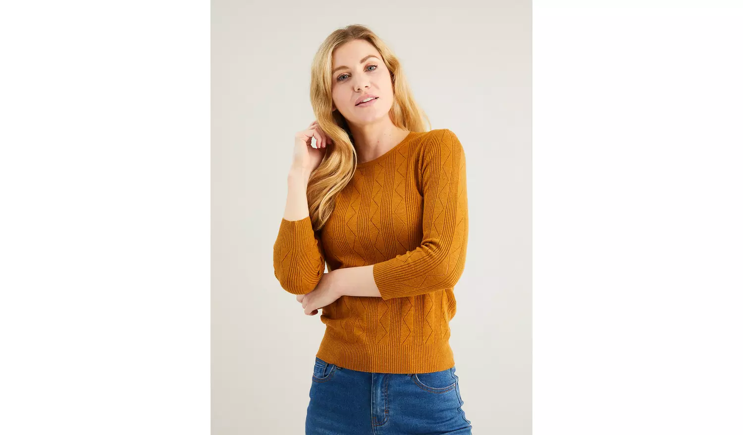 Tan Pointelle Fine Knit Jumper - 10