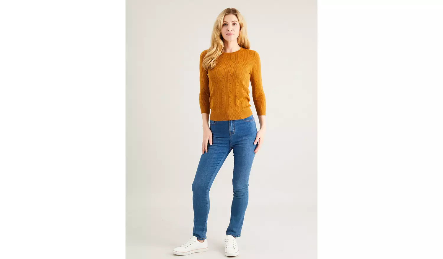 Tan Pointelle Fine Knit Jumper - 14