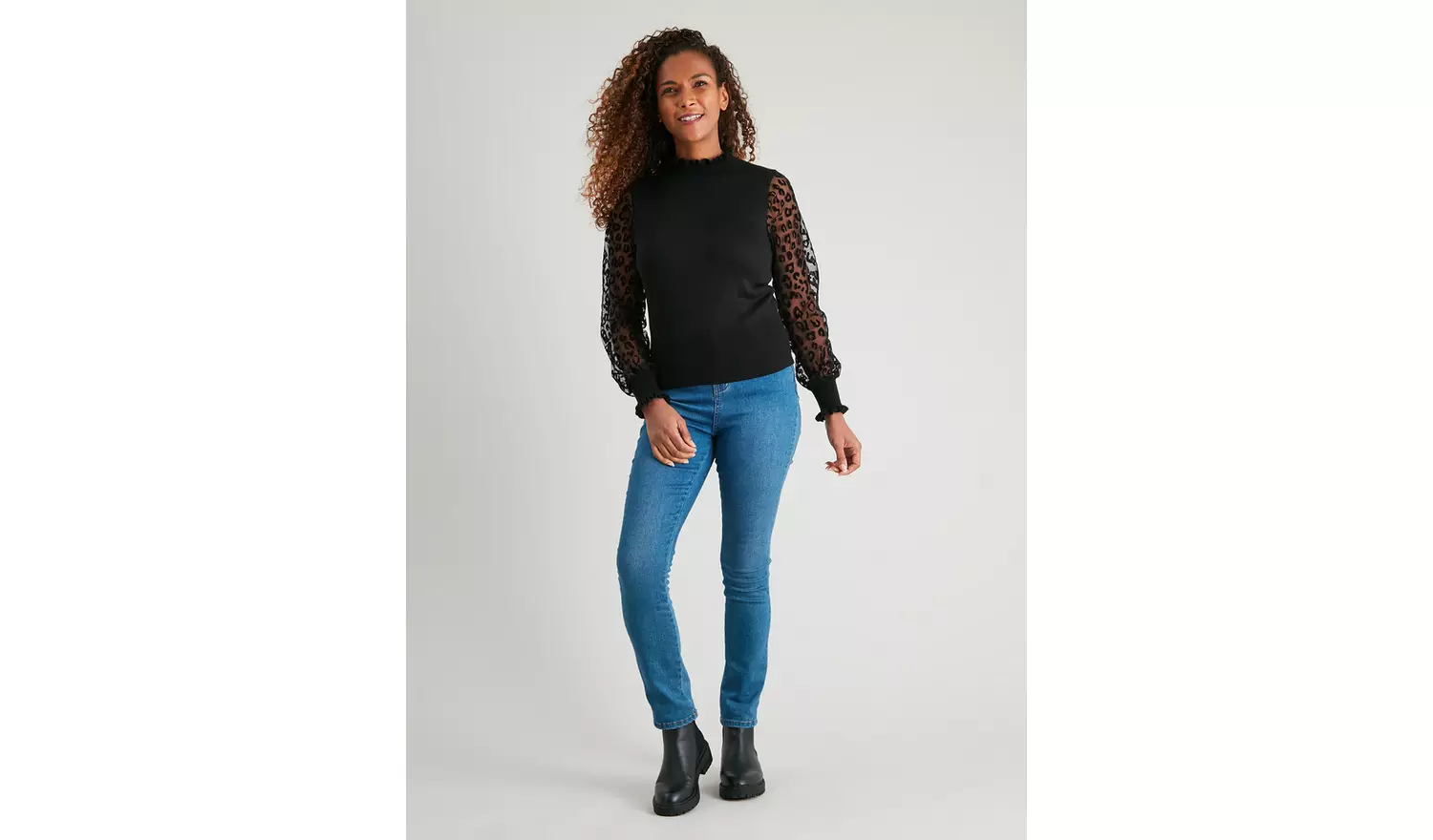 Black Flocked Animal Print Sheer Sleeve Jumper - 18