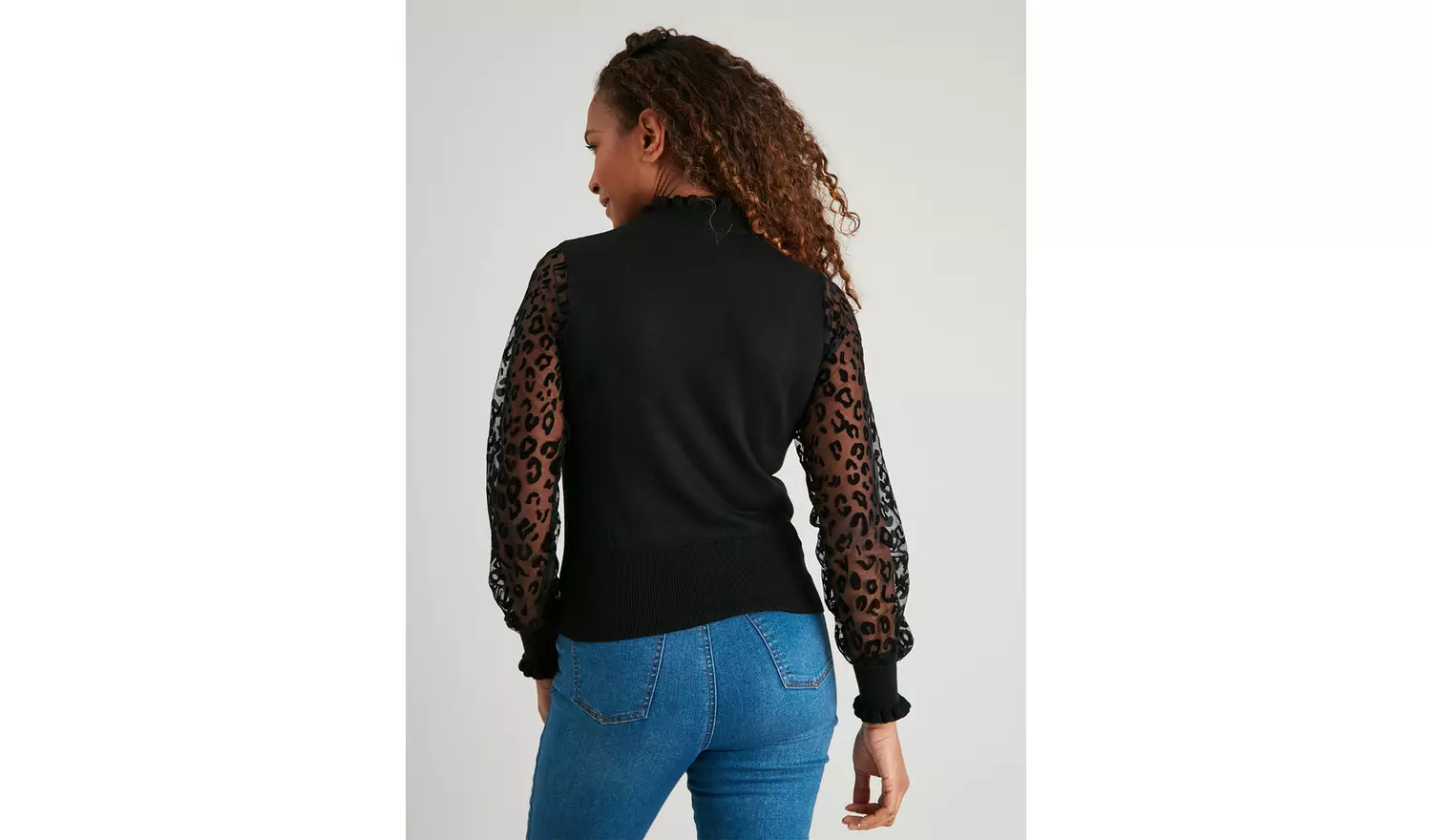 Black Flocked Animal Print Sheer Sleeve Jumper - 24