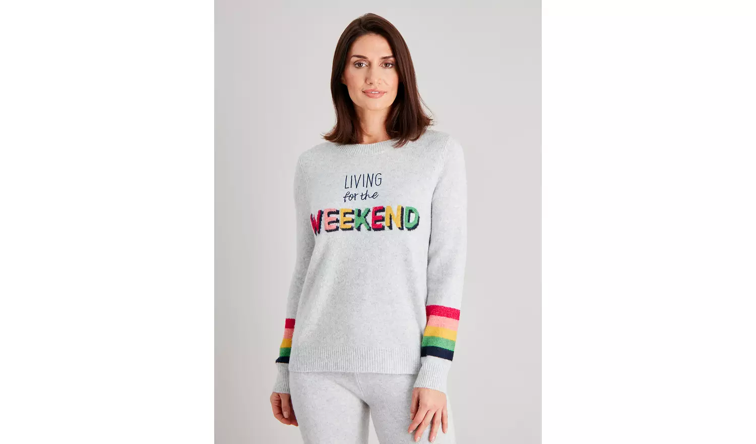 Grey & Rainbow Stripe Weekend Slogan Coord Jumper - 8