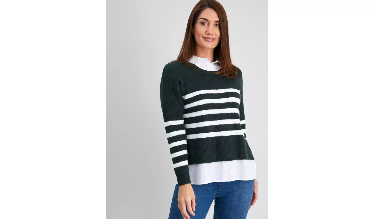Green Stripe 2 In 1 Shirt Collar Jumper - 16