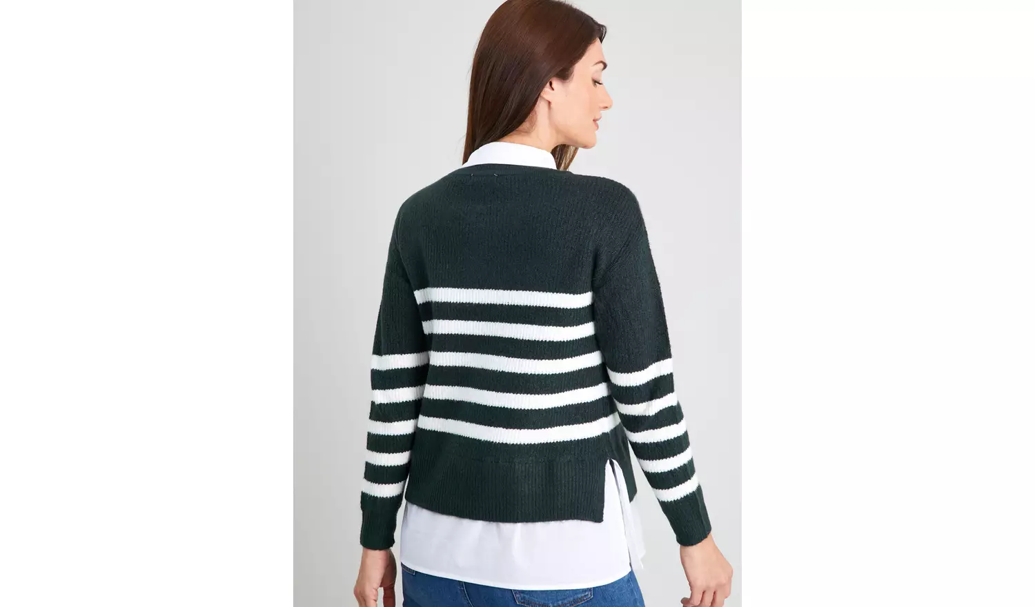 Green Stripe 2 In 1 Shirt Collar Jumper - 16