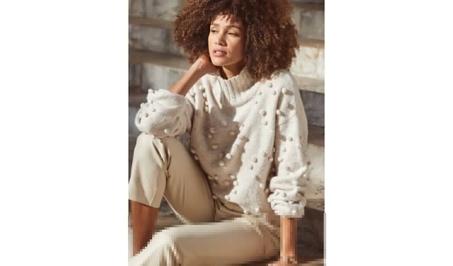 SOSANDAR Natural Lofty Pom Pom Heart Detail Jumper S