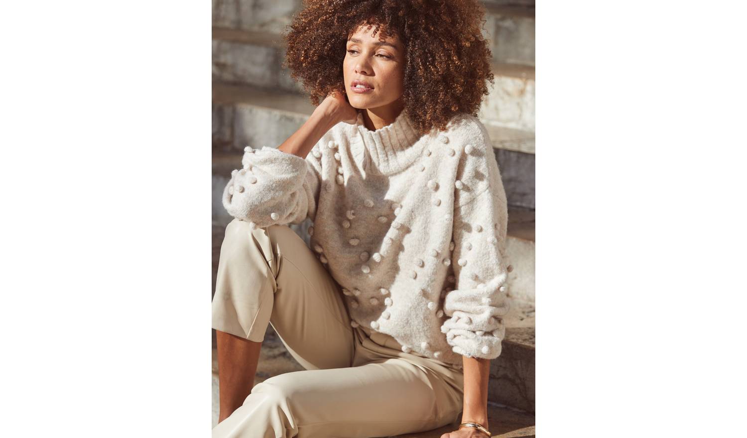 SOSANDAR Natural Lofty Pom Pom Heart Detail Jumper XS