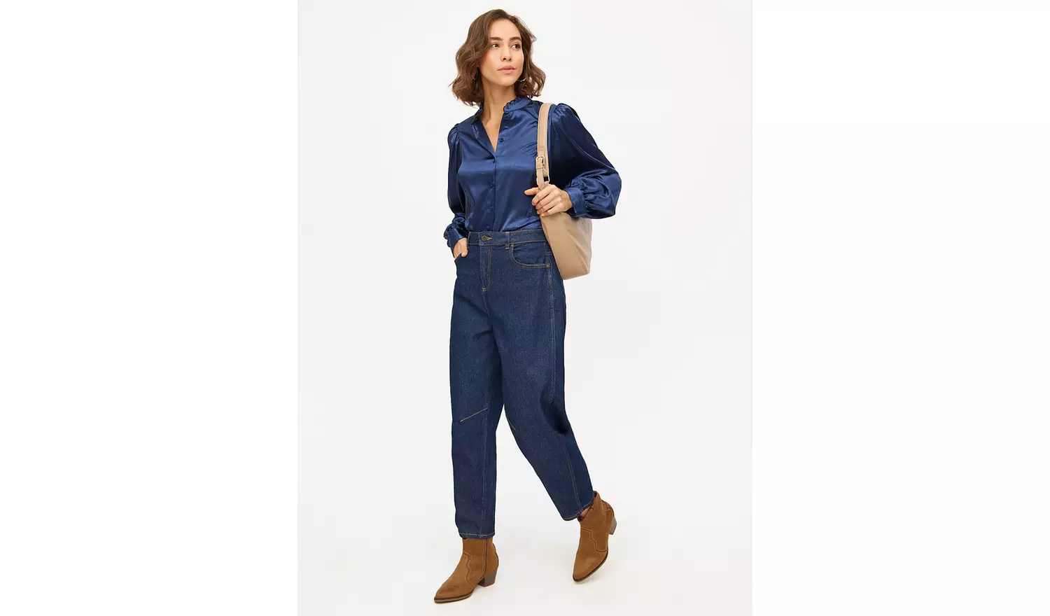 Navy Satin High Neck Long Sleeve Blouse 20