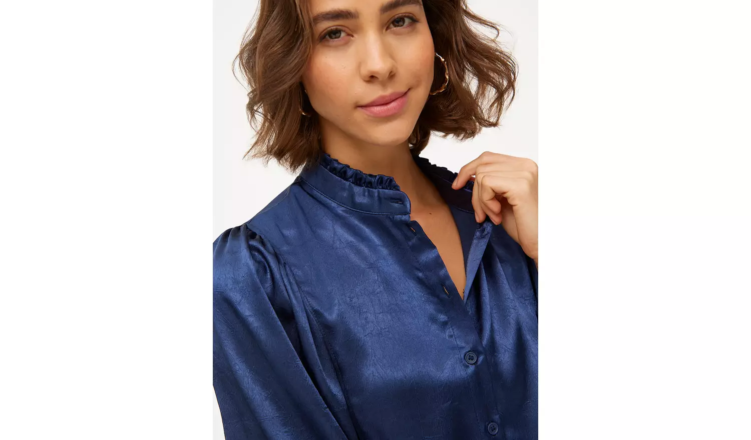 Navy Satin High Neck Long Sleeve Blouse 10