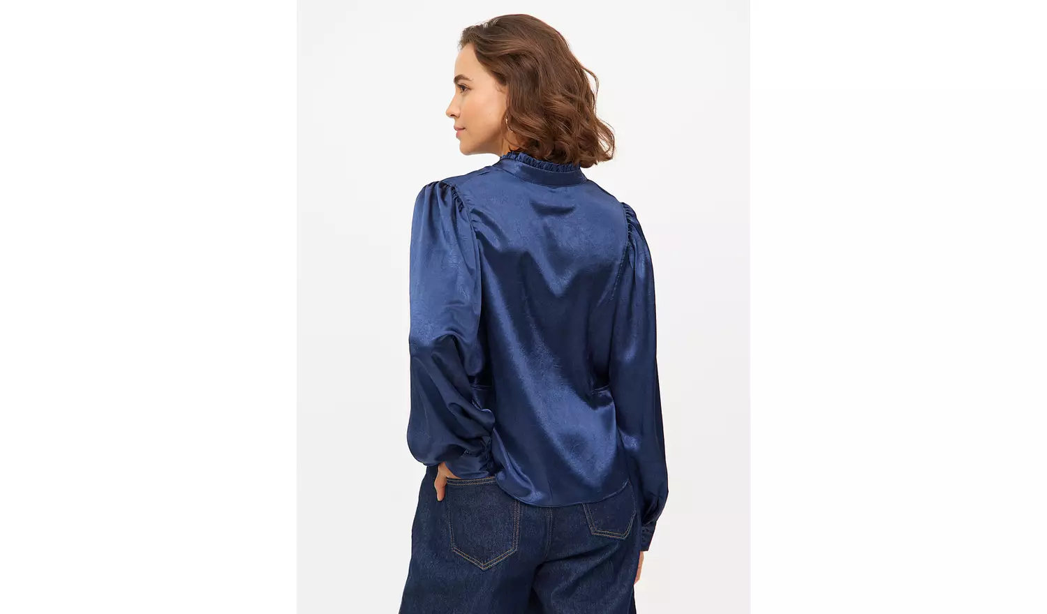 Navy Satin High Neck Long Sleeve Blouse 8