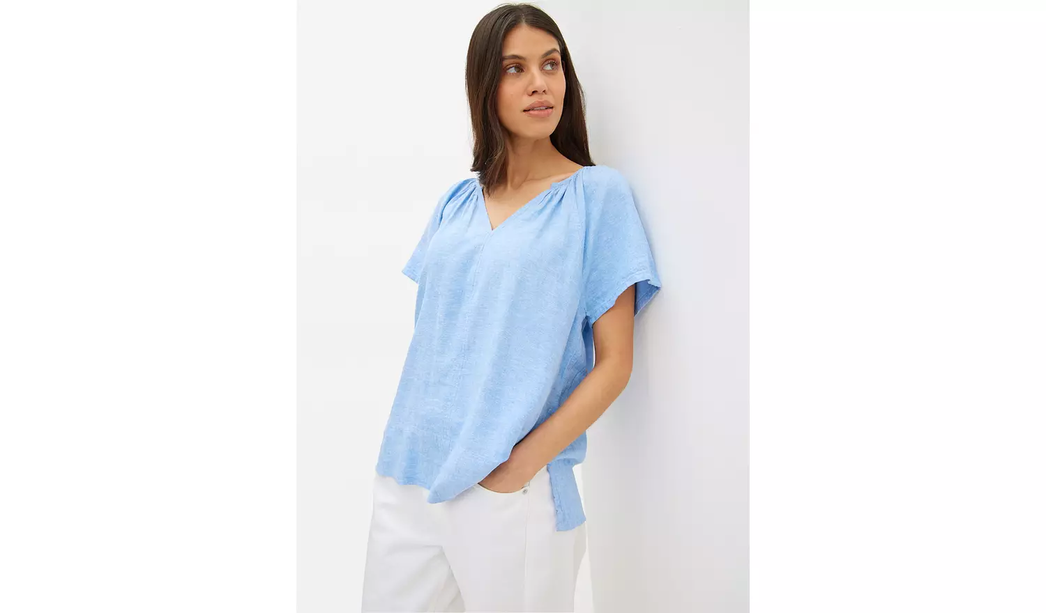 Chambray Blue Gather Linen Blend Blouse 22