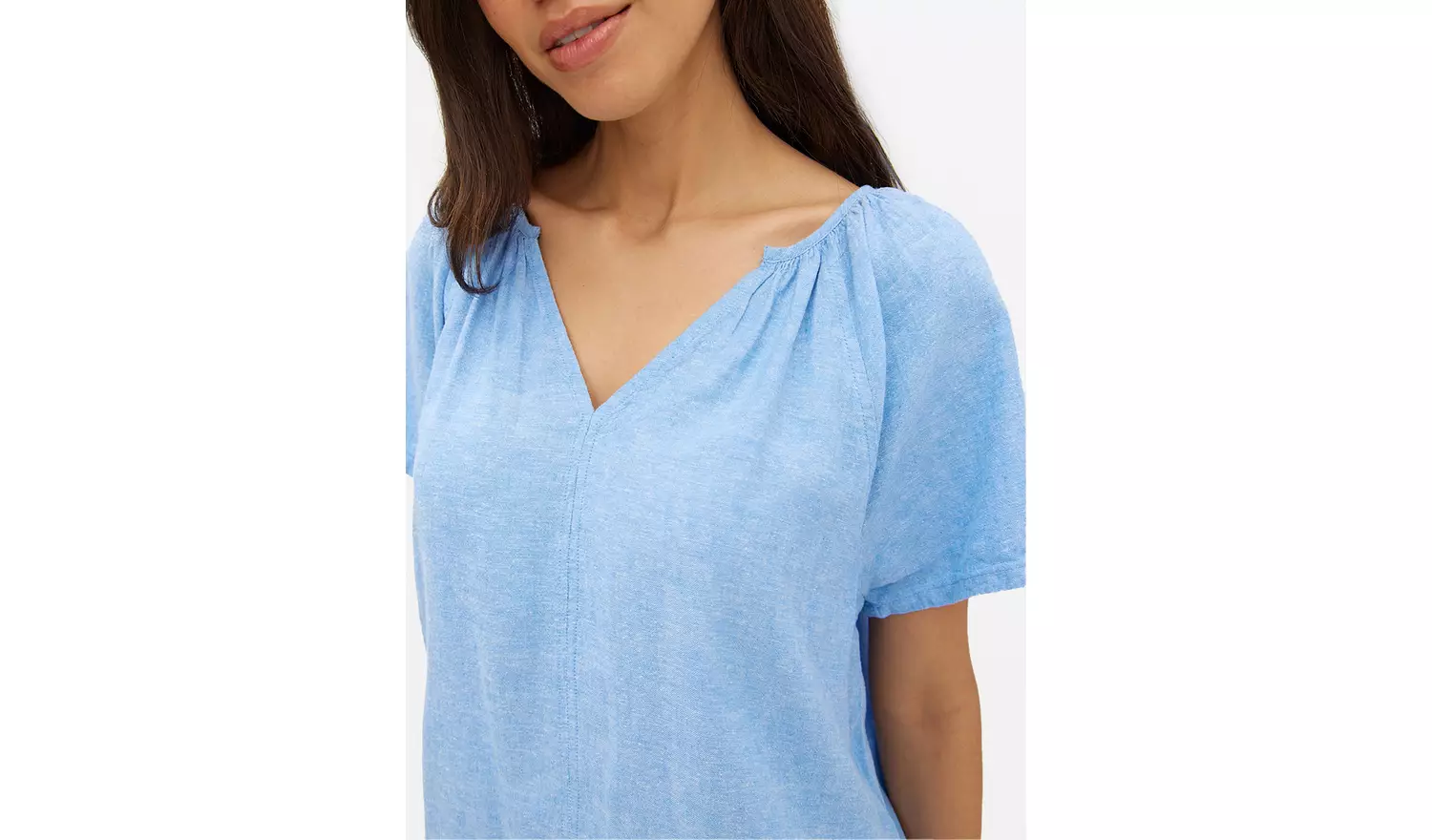 Chambray Blue Gather Linen Blend Blouse 26