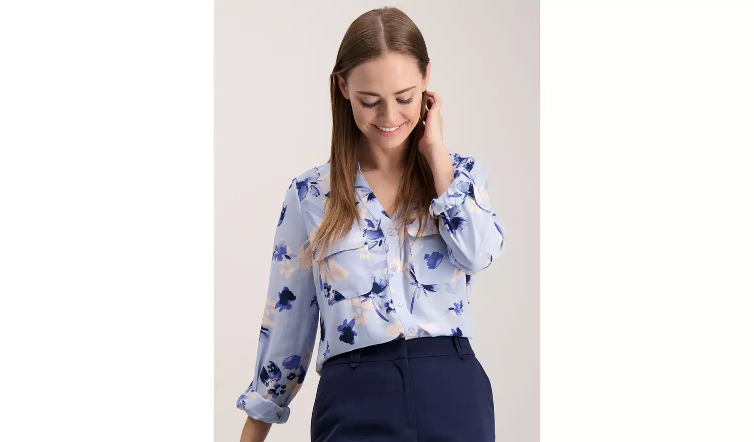 Blue Floral Print Turn-Up Sleeve Shirt - 26