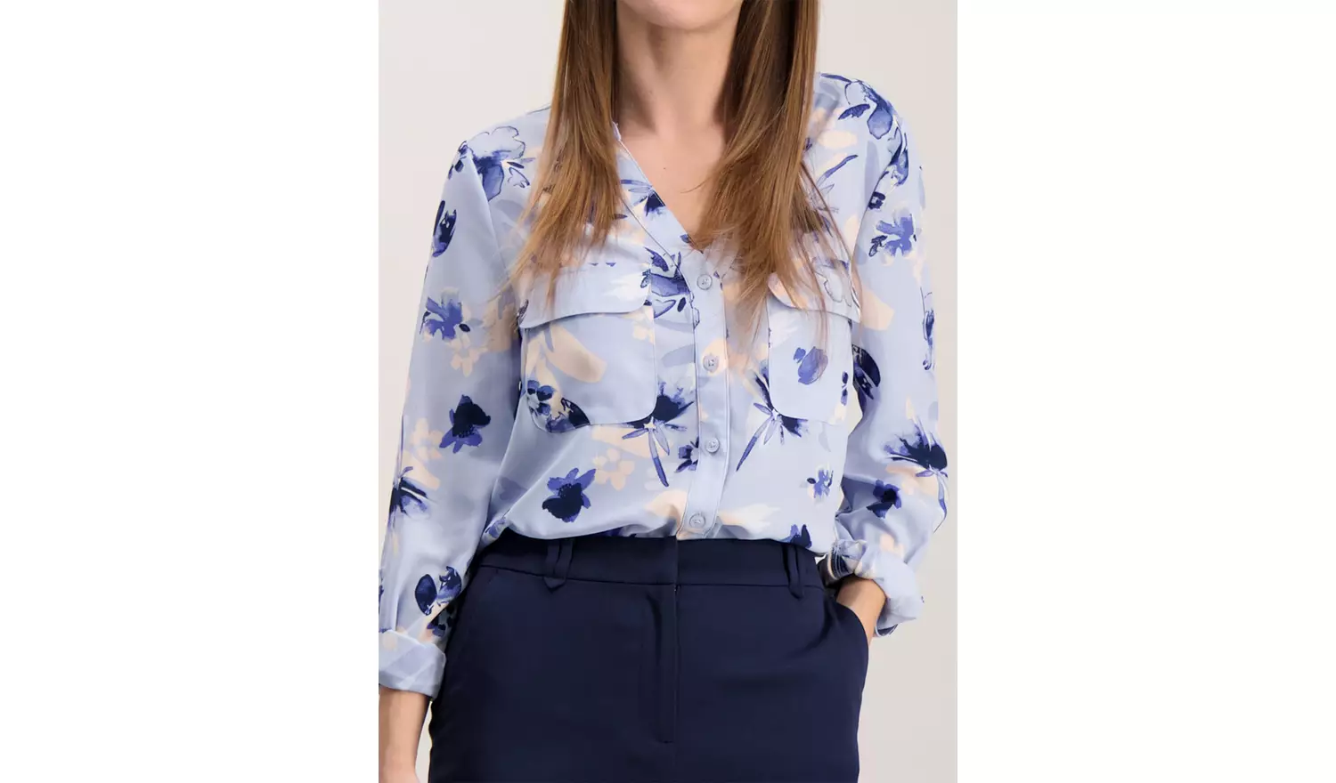 Blue Floral Print Turn-Up Sleeve Shirt - 26