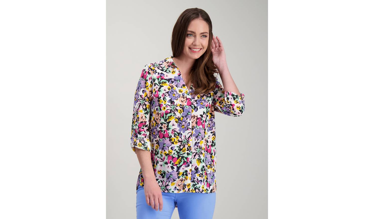 Multicoloured Floral Print Roll Sleeve Shirt - 6