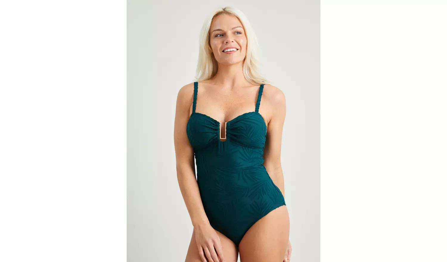 Green Texture Leaf Patterned Swimsuit With Tummy Control - 2