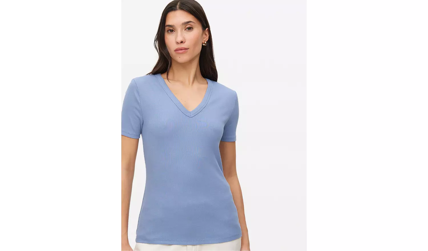 Blue Ribbed V Neck Short Sleeve T-Shirt 14